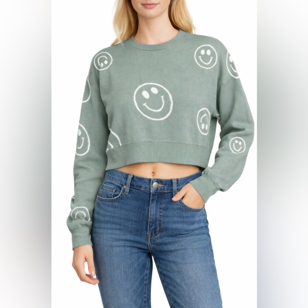 Women's Altar'd State Smiley Cropped Sweater Green Size Medium